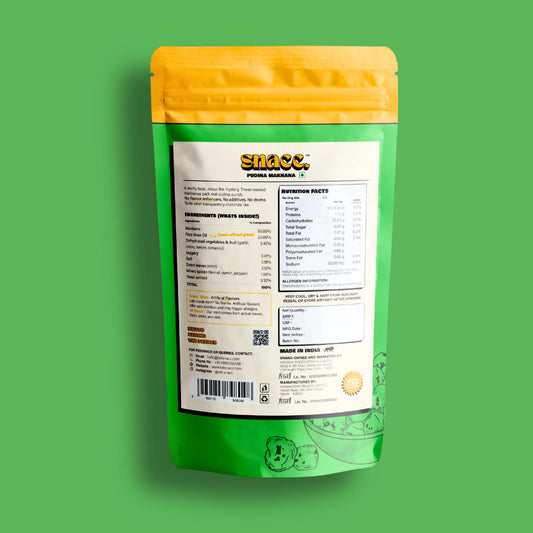 Green snack package with yellow top on a green background