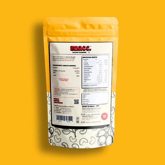 Snacc package with nutritional label on a yellow background