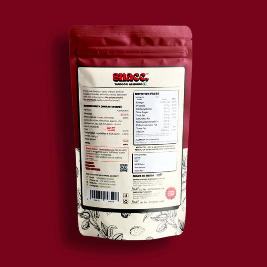 Snacc roasted_almonds_tandoori package with label on a red background