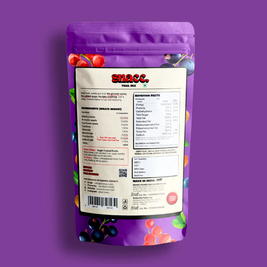 Purple snacc package with nutritional information on a purple background