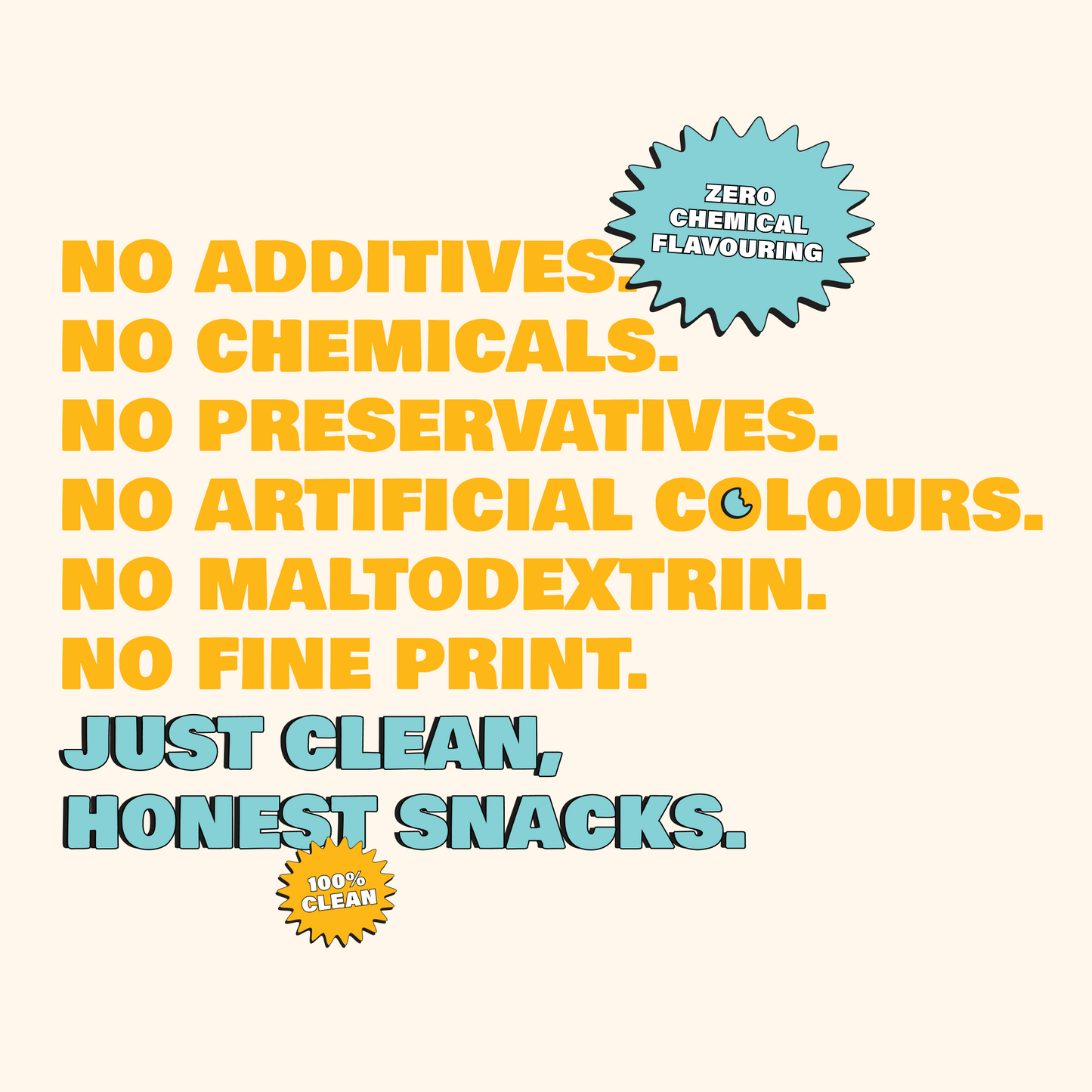 Text on a white background promoting 'Just Clean, Honest Snacks' with blue and yellow text.