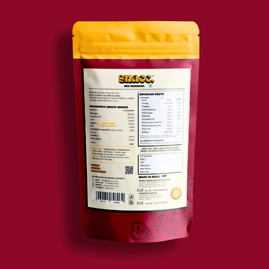Snacc food packaging with label on a red background