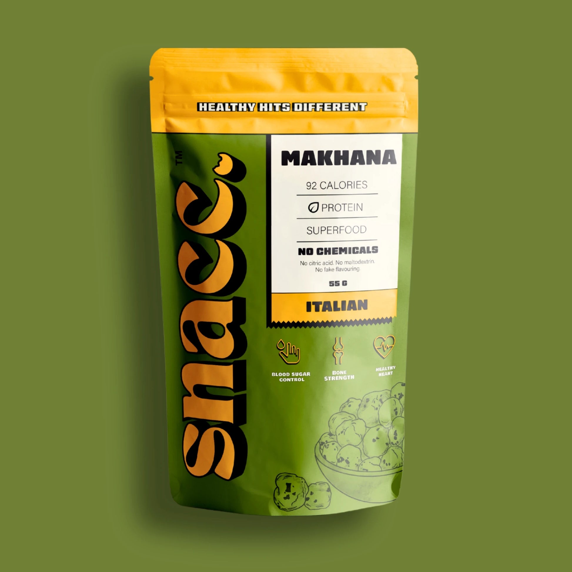 Snack package with green and yellow design on a green background