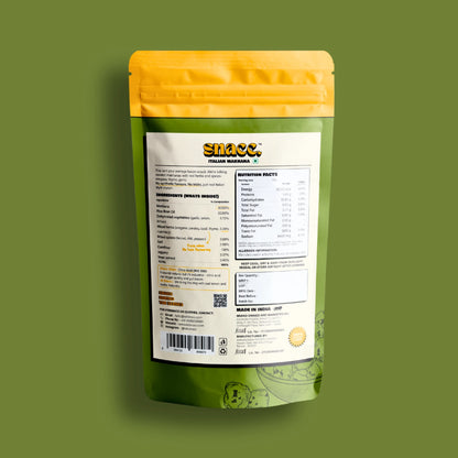 Green snack package with yellow top on a green background