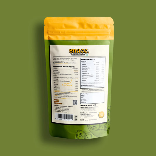 Green snack package with yellow top on a green background