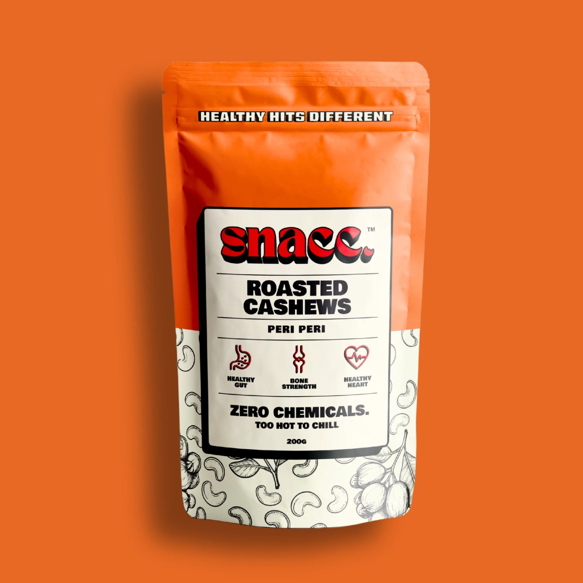 Snacc package of roasted cashews on an orange background