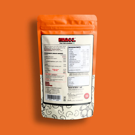 Snacc package with a white label on an orange background