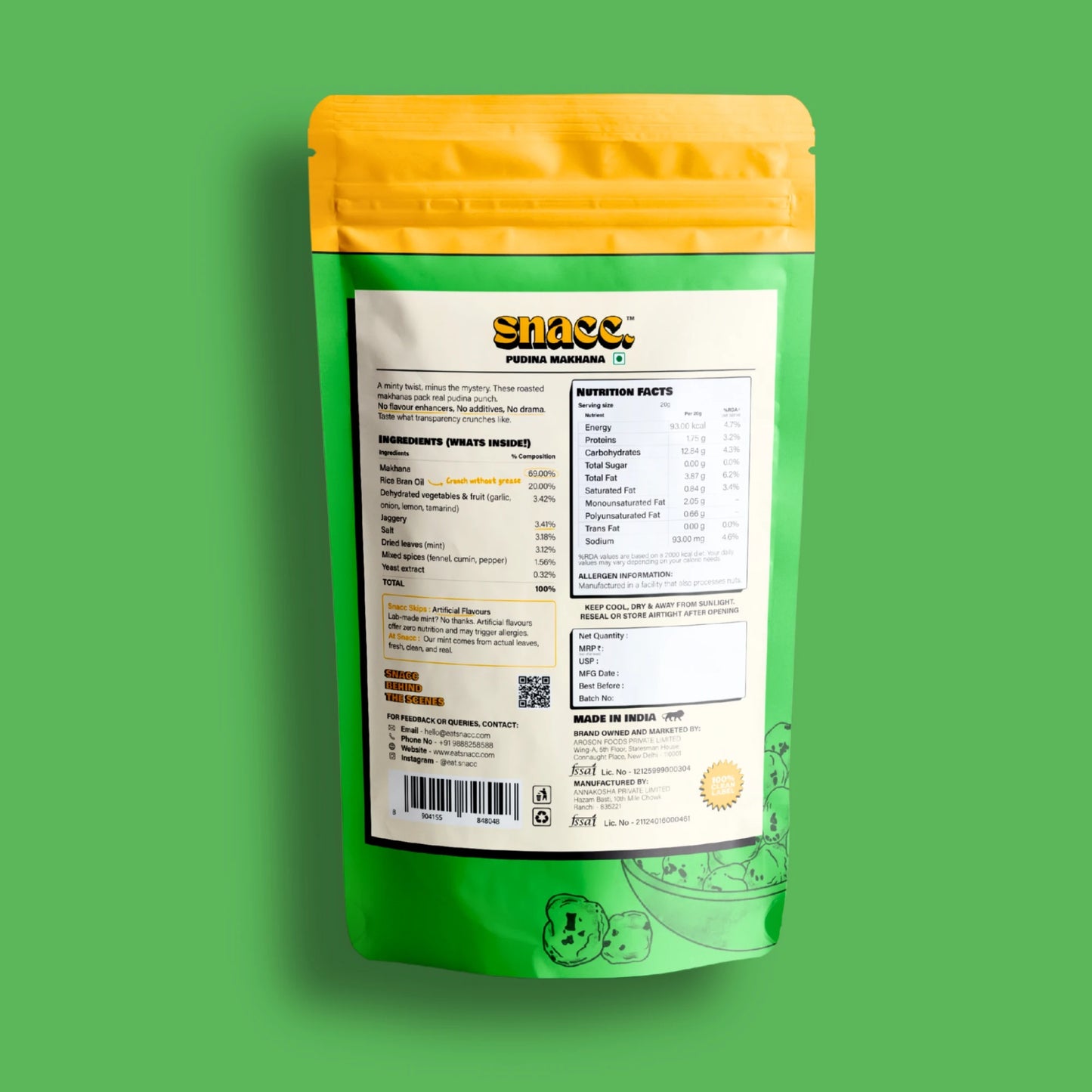 Green snack package with yellow top on a green background