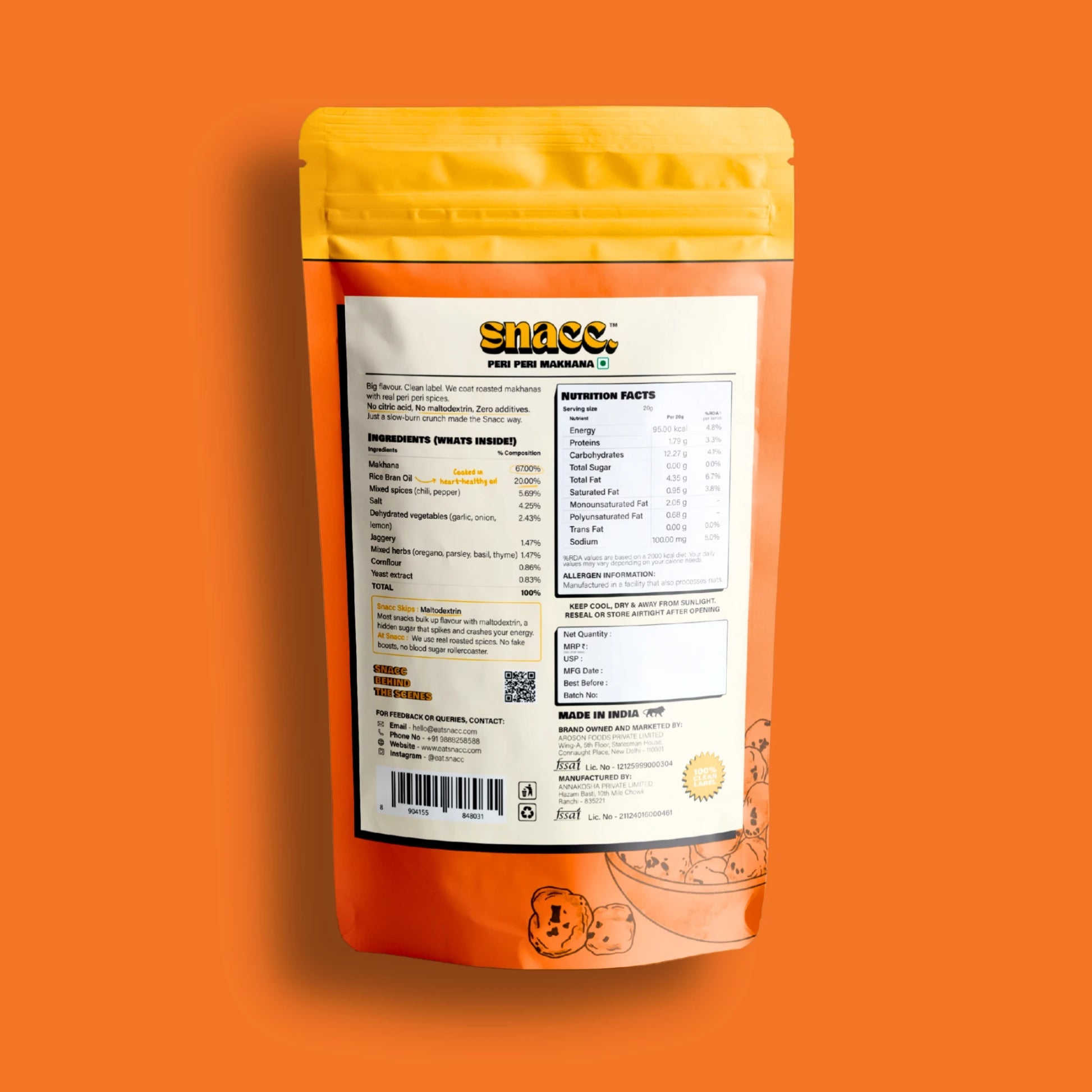 Snack package with nutritional label on an orange background