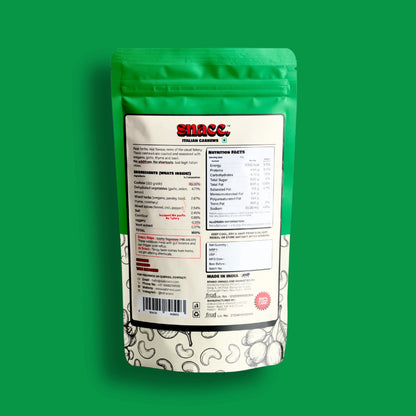 Snacc package with nutritional label on a green background