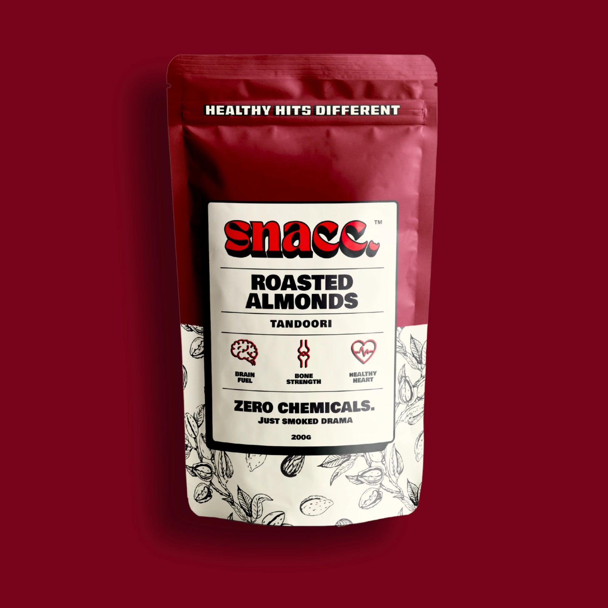 Snacc roasted almonds package on a red background