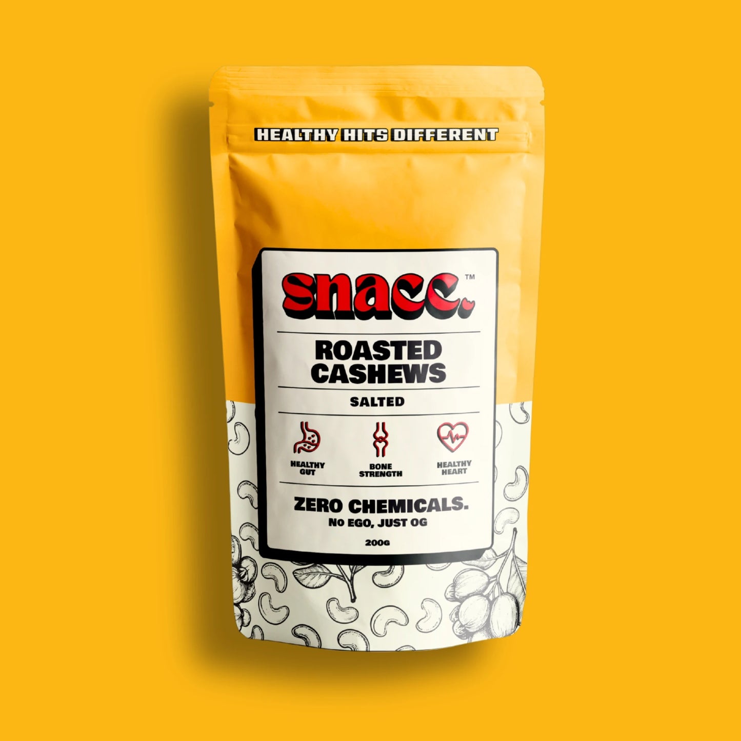 Snac package of roasted cashews on a yellow background