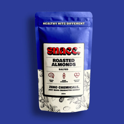 Snacc brand roasted almonds packaging on a blue background